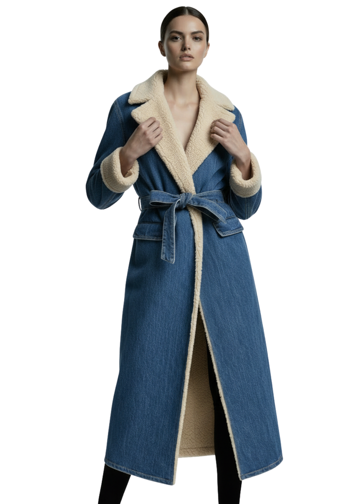 Women's dark wash faux fur denim coat with self-tie belt — boho fall jacket
