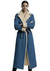 Penny Lane sherpa lined denim coat in blue — women's boho outerwear
