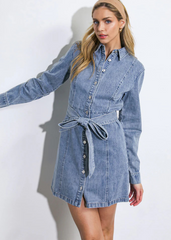 blue denim jeans mini dress long sleeve belt 