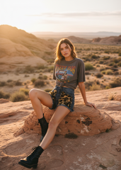 Leopard faux fur high-rise denim shorts at dusk – dark wash stretch denim, festival and concert wear