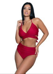 Maroon wrap halter two-piece swimsuit with ruched side detail