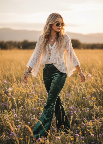 Woman wearing crushed green velvet bell bottom pants in bohemian outdoor setting - 70s style flare pants