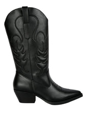 Black embroidered cowboy calf boots with intricate floral stitching – front view