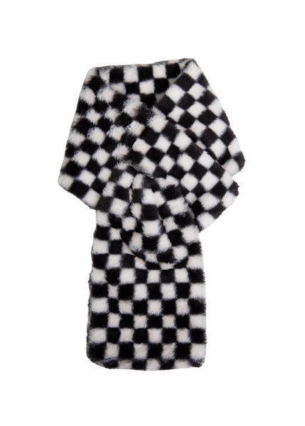 Plush checkered faux fur scarf with pull through design, cozy black and white winter accessory