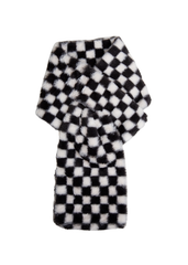 Plush checkered faux fur scarf with pull through design, cozy black and white winter accessory