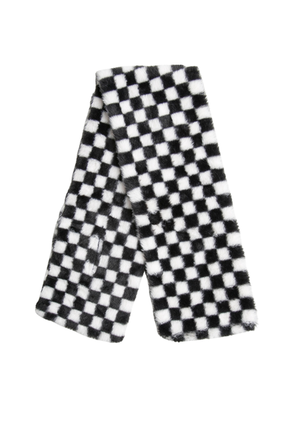 Black and white checkered faux fur pull through scarf, soft plush winter neck wrap