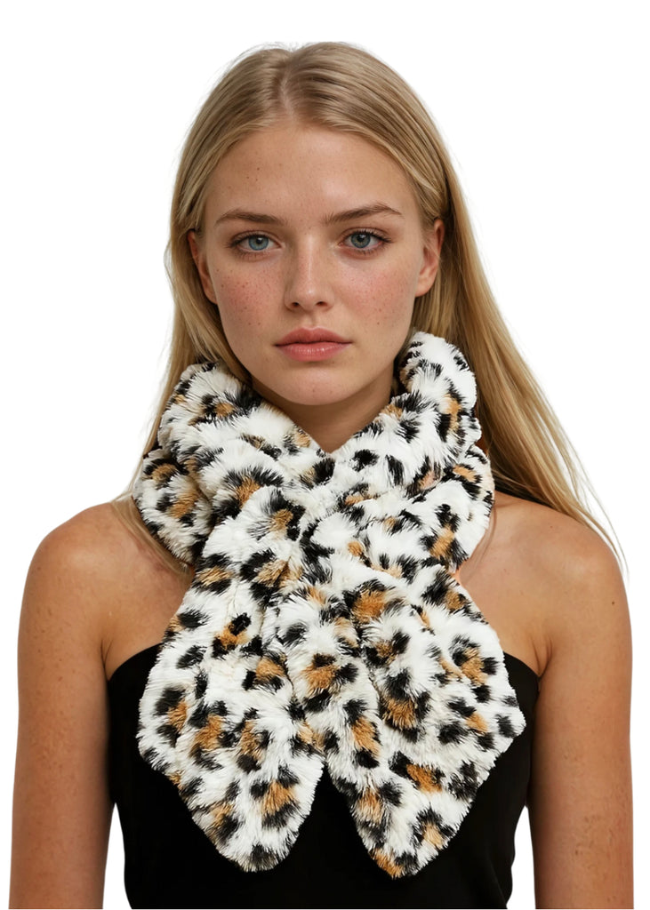 Leopard print faux fur scarf, plush wrap collar for warm stylish winter outfits