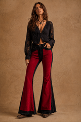 Bell Bottom jeans red – black flare jeans with bold red suede detail, raw hem, sizes 3-15
