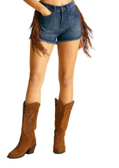 Women's western fringe denim shorts with suede tassels - front view showing mid-rise fit and raw hem detail
