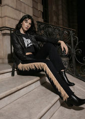 Texas Sun Fringe Bell Bottom Jeans – Full-length editorial look, USA-made fringe denim jeans in black with bell bottom silhouette