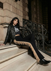 Texas Sun Fringe Bell Bottom Jeans – Styled editorial photo, women's fringe bell bottom jeans perfect for boho and western fashion