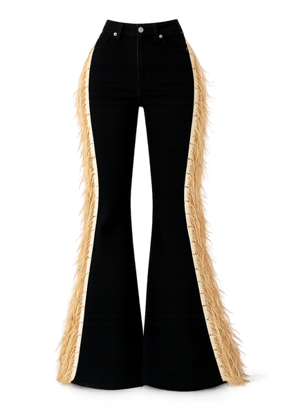 Texas Sun Fringe Bell Bottom Jeans – Beige suede fringe tassel detail on black denim bell bottoms, USA-made stretch jeans