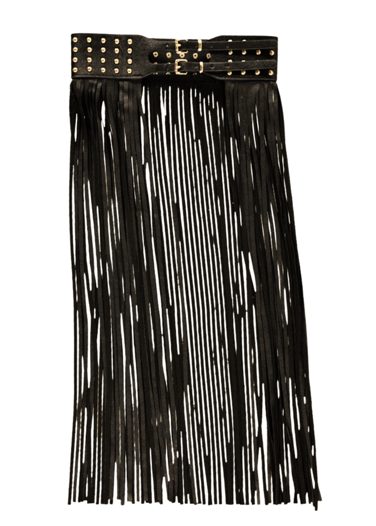 Black Studded Fringe Belt Women Vegan Leather Festival concert outfit bohemian wedding guest