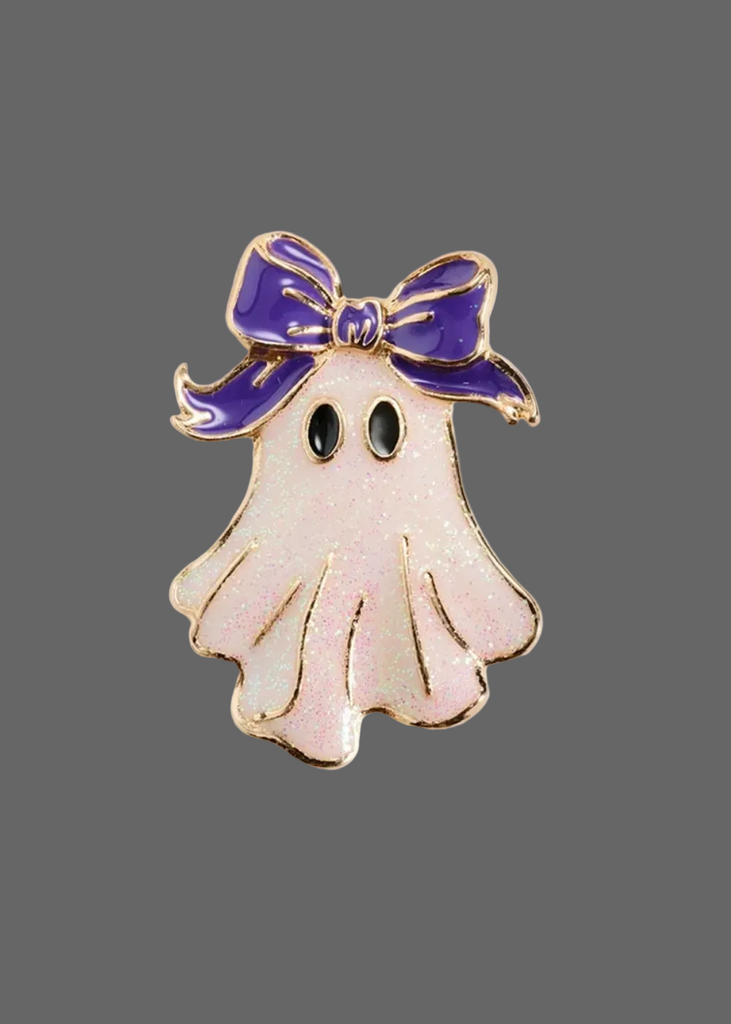 Whimsical ghost-shaped Halloween pin brooch with an oversized bow and sparkling accents for jackets, bags, or costumes
