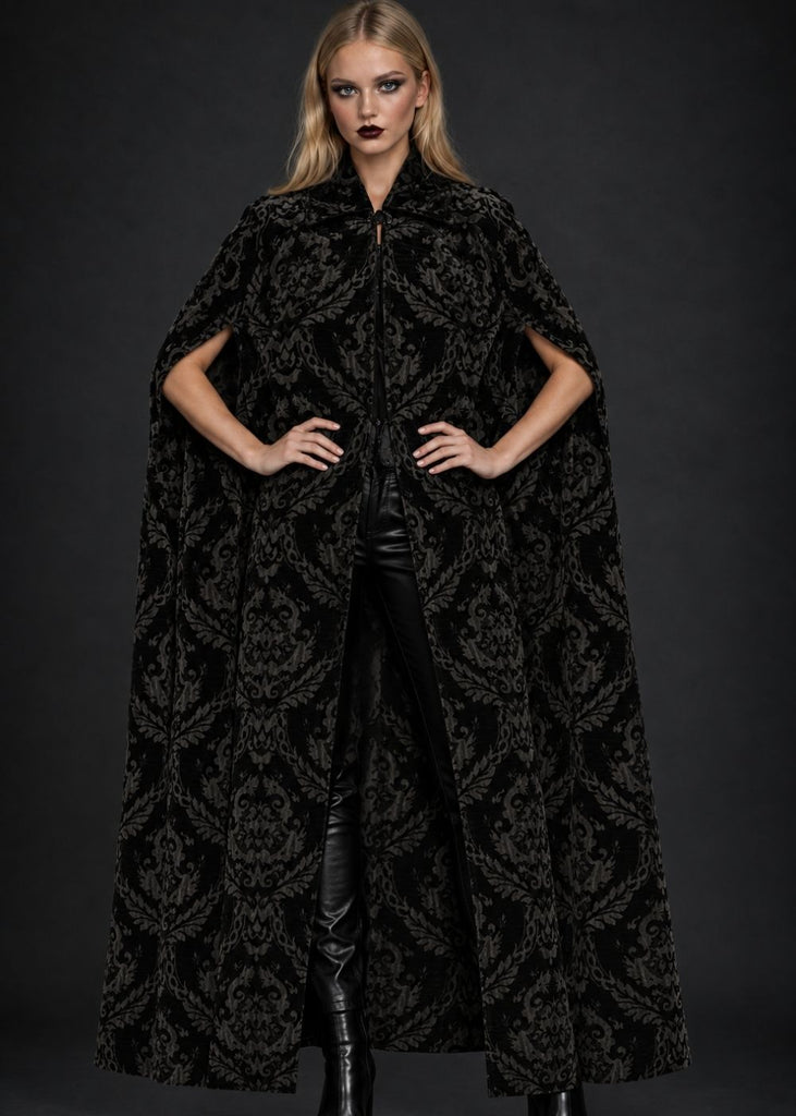 Black brocade gothic cape with Victorian-inspired drape for women