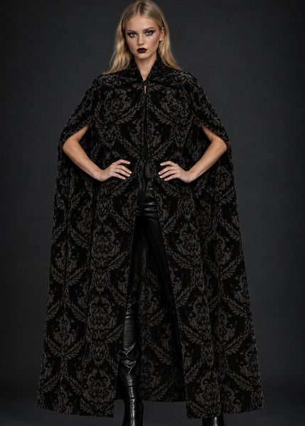 Black brocade gothic cape with Victorian-inspired drape for women
