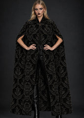 Black brocade gothic cape with Victorian-inspired drape for women