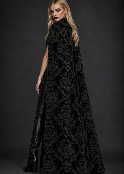 Women’s black Victorian cape cloak with ornate brocade texture