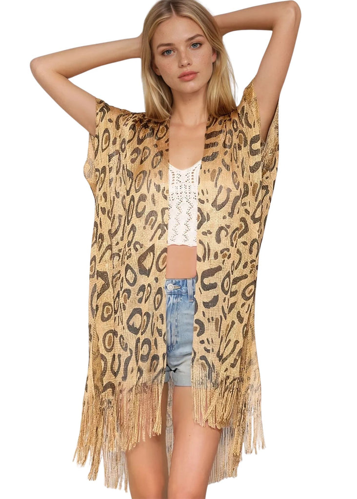 Leopard Pattern gold Lurex Kimono Poncho with Tassel Hem – Lightweight, flowy boho wrap for chic layering and statement style.