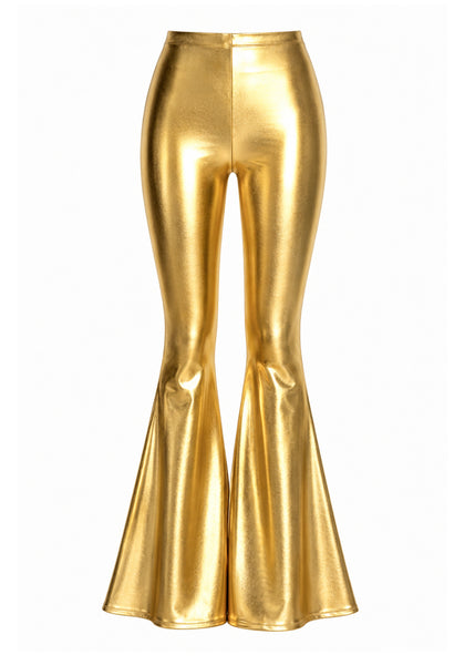 Gold metallic faux leather bell bottom flare pants — disco glam statement piece by Pretty Attitude