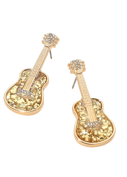Gold glittered guitar drop earrings – rock 'n' roll statement jewelry by Pretty Attitude
