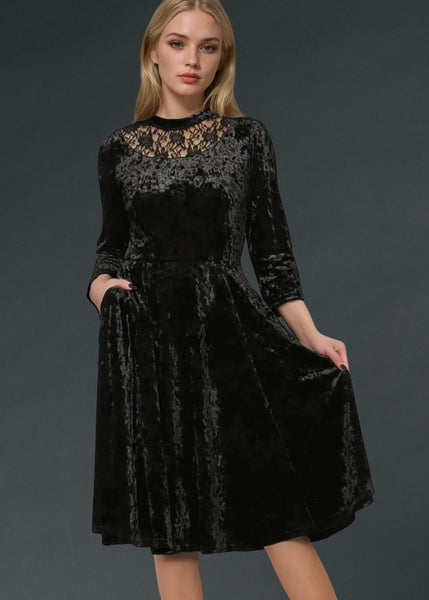 Long sleeve black velvet gothic dress with lace trim, elegant dark fashion outfit for gothic, punk, and Victorian-inspired style