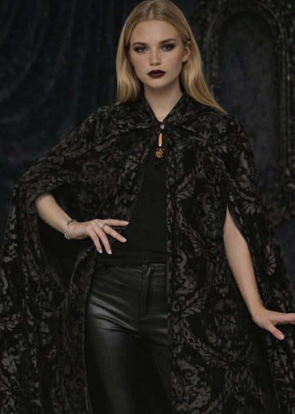 Black brocade gothic cape for women, Victorian-inspired cloak for steampunk, vampire, and dark romantic outfits.
