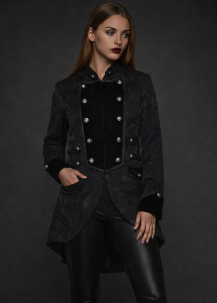 Black steampunk tail jacket with brocade fabric, Victorian gothic tailcoat jacket for cosplay, pirate costumes and alternative fashion.