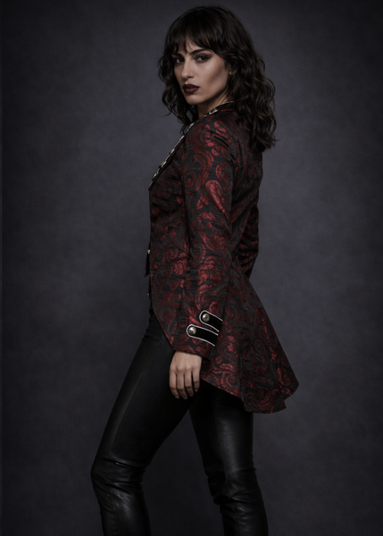 Gothic Red Brocade Tail Jacket – Stand out in this red brocade tailcoat with a fitted waist and structured shoulders, designed for steampunk and gothic fashion lovers