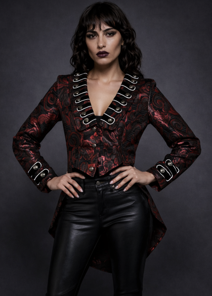 Red Brocade Ringmaster Jacket – A bold steampunk tailcoat with a Victorian gothic design, perfect for cosplay, circus-inspired fashion or statement outerwear