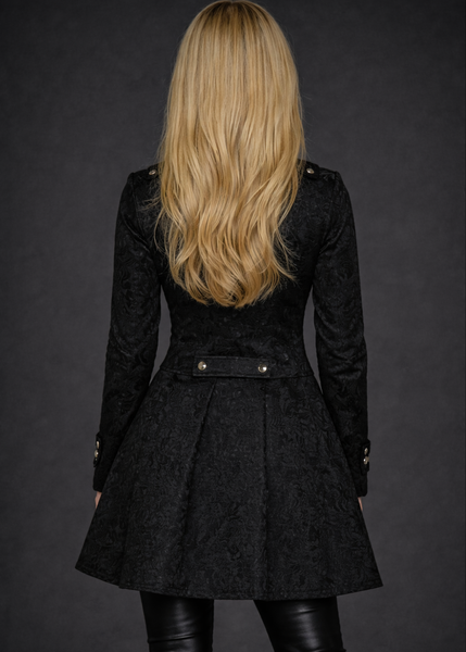 Victorian brocade gothic coat in black, steampunk cosplay jacket with mock neck and ornate military styling for goth clothing lovers