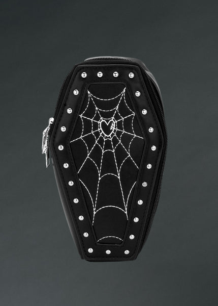 Gothic coffin purse with embroidered spider web and detachable strap