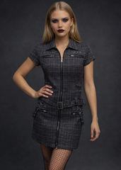 Alternative gothic mini dress with zipper front and belted waist styled for edgy alt girl fashion aesthetic
