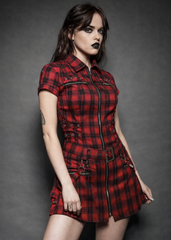 Red Tartan Mini Dress with Bondage Straps and Removable Belt – Side Detail | Pretty Attitude
