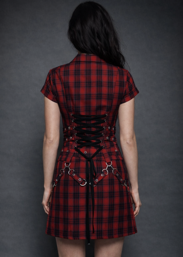 black red plaid dress Red Plaid Tartan Punk Mini Dress | Buckles & Corset Lacing | Pretty Attitude
