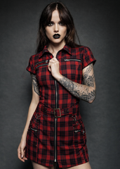  Red Plaid Tartan Punk Mini Dress with Buckles and Corset Lacing – Front View | Pretty Attitude
