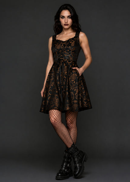 Women's gothic corset mini dress with black gold paisley brocade print – alternative fashion, renaissance festival outfit | Pretty Attitude
