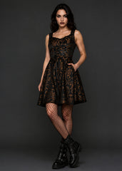 Women's gothic corset mini dress with black gold paisley brocade print – alternative fashion, renaissance festival outfit | Pretty Attitude