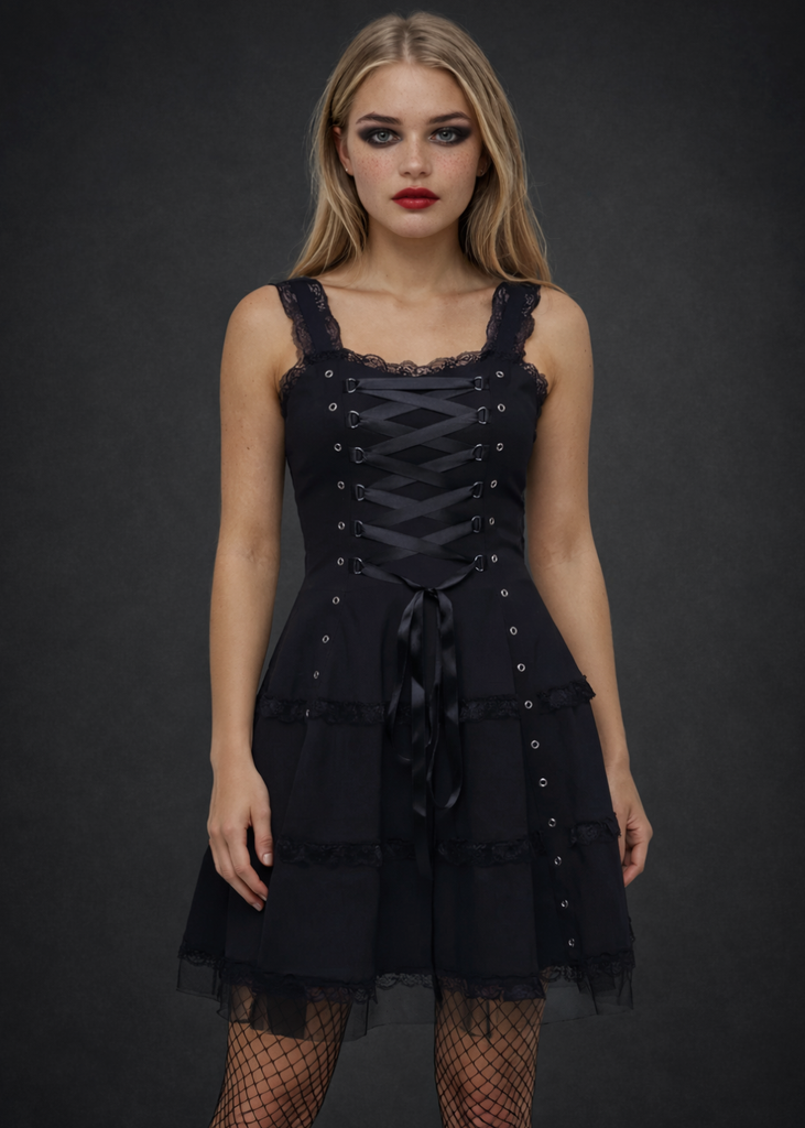 Gothic Corset Dress - Black Lace Mini Dress