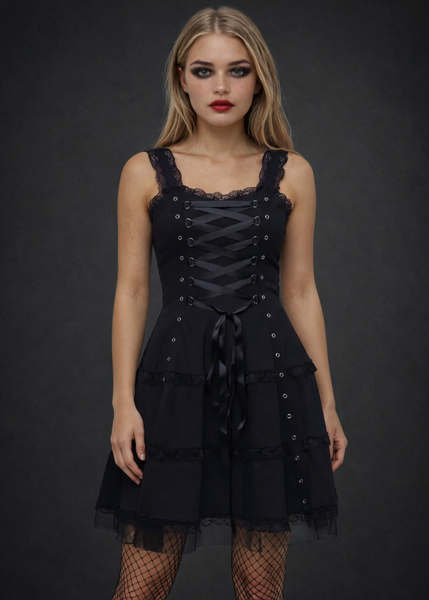Gothic Corset Dress - Black Lace Mini Dress