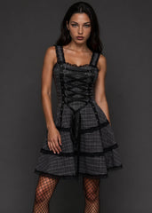 Gothic plaid corset dress in black with lace-up bodice and layered skirt – Pretty Attitude