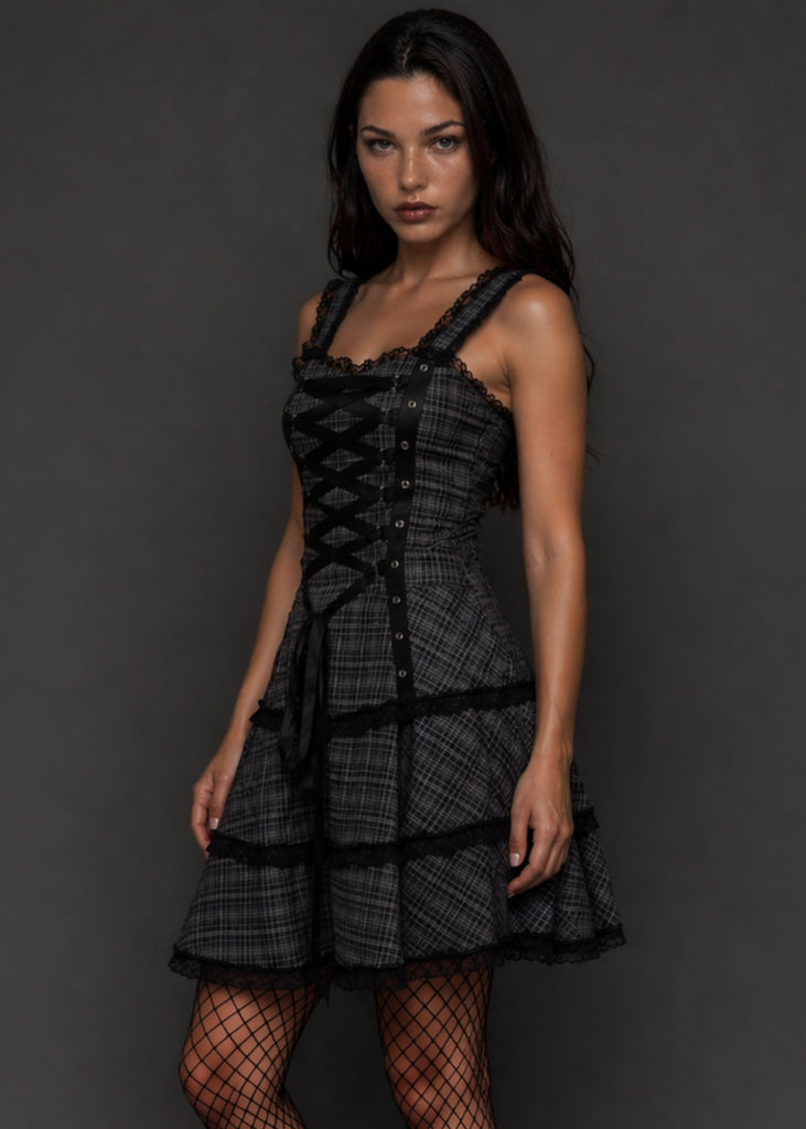Gothic Corset Dress | Black Plaid Mini Dress Pretty Attitude 14 / Black Gothic Corset Dress | Black Plaid Mini Dress Pretty Attitude 14 / Black