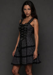 Dark feminine gothic dress with plaid print and lace trim, styled for concert or night out – Pretty Attitude
