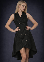 Gothic black waistcoat dress with sleeveless design, Victorian-inspired steampunk and alternative fashion outfit.