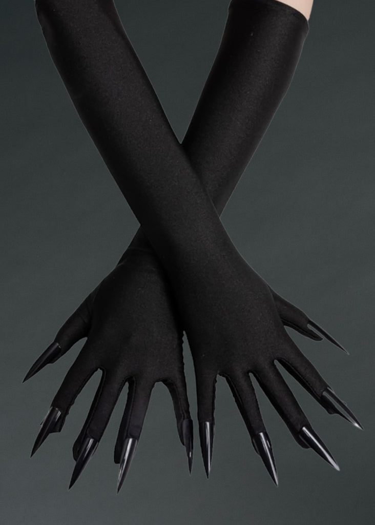 Gothic black long nail claw gloves, dramatic claw-shaped costume gloves for Halloween, cosplay and gothic fashion outfits
