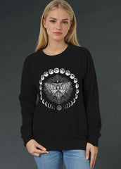 Black moth moon gothic sweatshirt with witchy occult design, dark aesthetic pullover for women