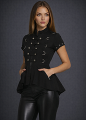 Alternative gothic peplum top with metal hardware accents and high neck military design styled with black leather pants