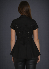 Dark aesthetic gothic blouse with metal button front, hardware accents and structured peplum silhouette styled with leather pants