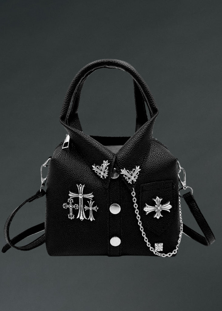 Gothic faux leather studded cross mini jacket crossbody bag with chain detail, alternative punk rock mini tote purse for women.