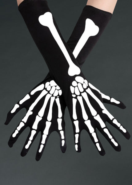 Black gothic skeleton gloves with white bone print, spooky Halloween costume gloves for cosplay, concertsand alternative goth fashion
